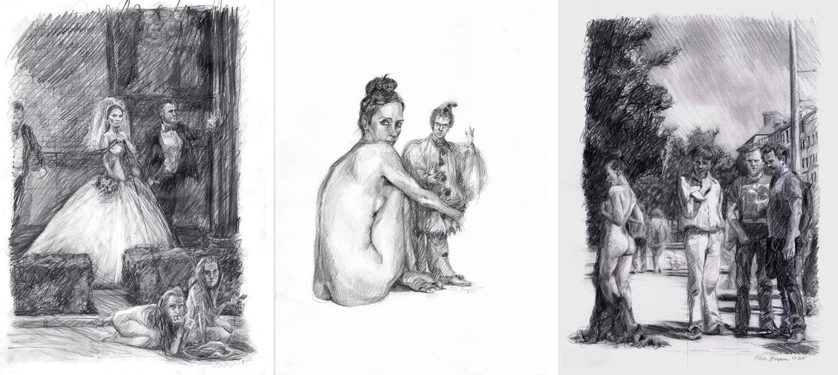Elisa Pesapane, Triptych from 'Berliner Reise', 2015, 50x40 cm each, pencil on paper.