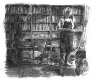 Artist Hans Könings in his library